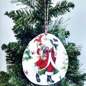 Hand Crafted Natural Wood Christmas Ornament Decoupage Santa Claus/Tree Decor